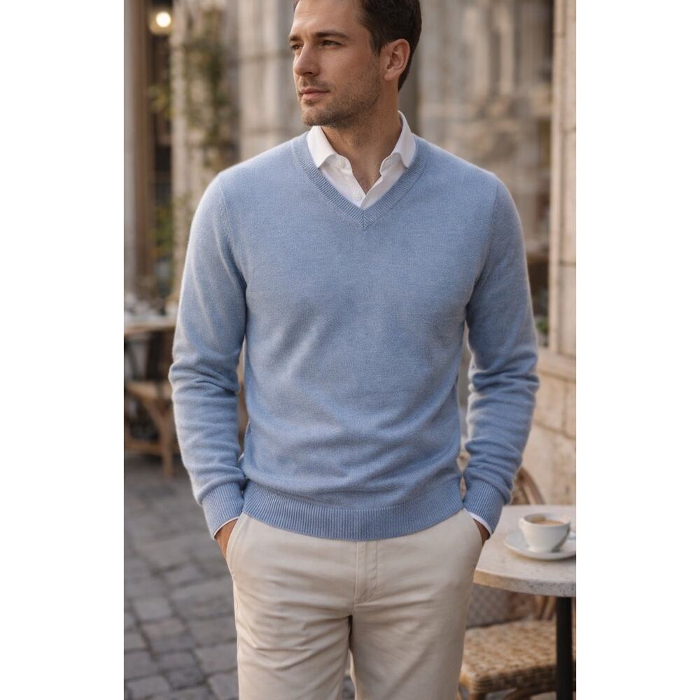 Nicola Mancini Blue V Neck Italian Soft Wool blend Sweater Sz L Luxury Academia